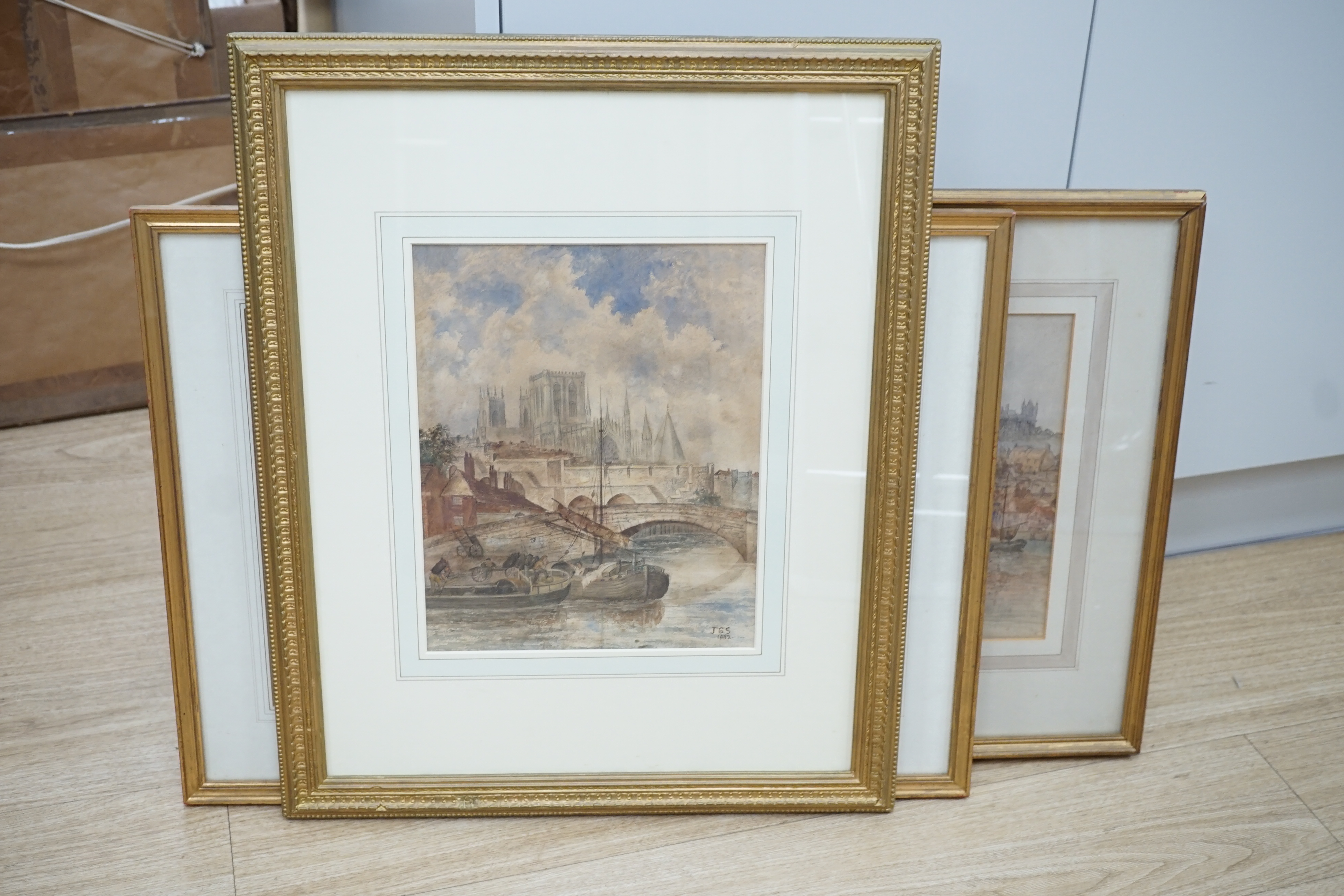 DB, watercolour, View of Whitby harbour, monogrammed, 30 x 53cm, and a watercolour, View of York Minster, initialled JSS and dated 1882, 304 x 27cm and a watercolour pastoral scene